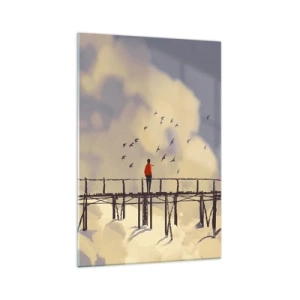 Impression sur verre - Image sur verre - Une silhouette sur un pont parmi les nuages avec des oiseaux dans le ciel - 70x100cm - Bleu nostalgie - Décoration murale moderne pour le salon et la chambre ARTTOR