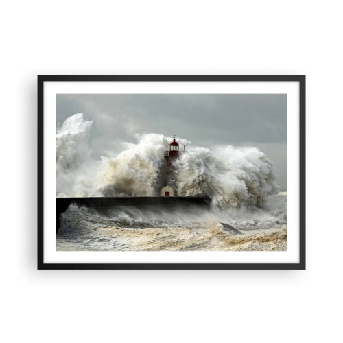 Affiche dans un cadre noir - Poster - Un phare entouré de vagues violentes pendant une tempête - 70x50cm - La colère de l'océan - Décoration murale moderne pour le salon et la chambre ARTTOR