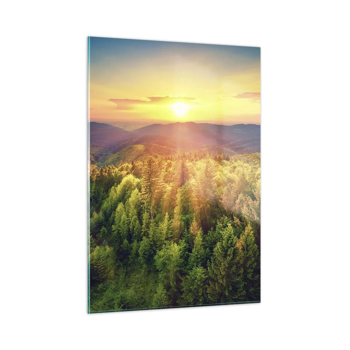 Impression sur verre - Image sur verre - Coucher de soleil sur une forêt de montagne avec vue sur les vallées - 50x70cm - Monts et sommets - Décoration murale moderne pour le salon et la chambre ARTTOR