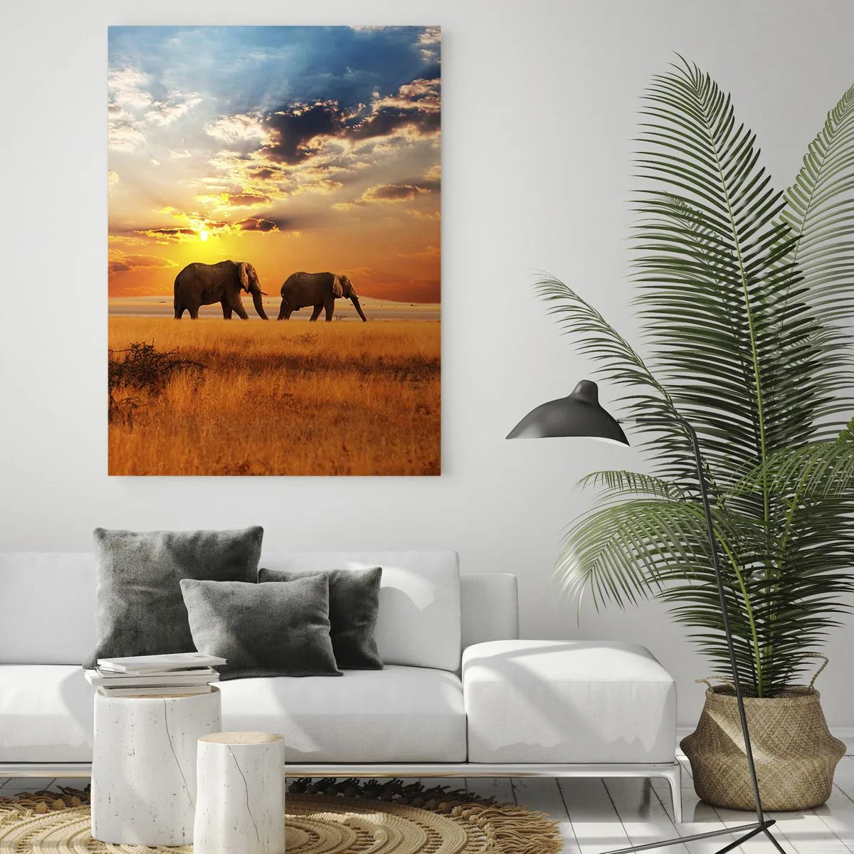 Impression sur verre - Image sur verre - Éléphants dans la savane au coucher du soleil - 80x120cm - Déambulation familliale - Décoration murale moderne pour le salon et la chambre ARTTOR