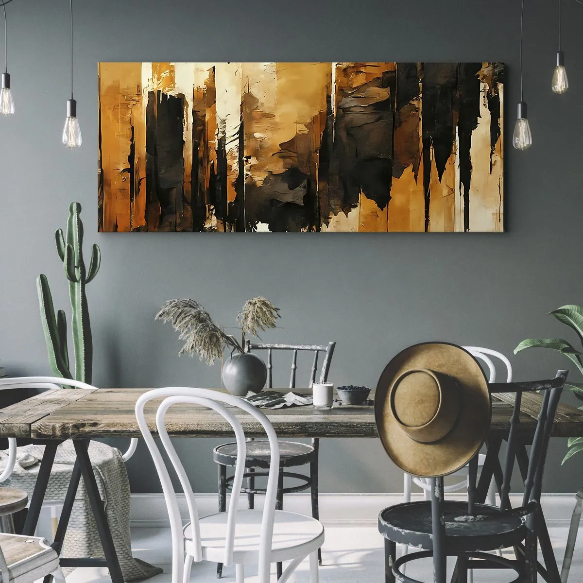 Impression sur toile - Image sur toile - Rayures abstraites dorées et noires dans une composition artistique - 140x50cm - Harmonie de noir et d'or - Décoration murale moderne pour le salon et la chambre ARTTOR