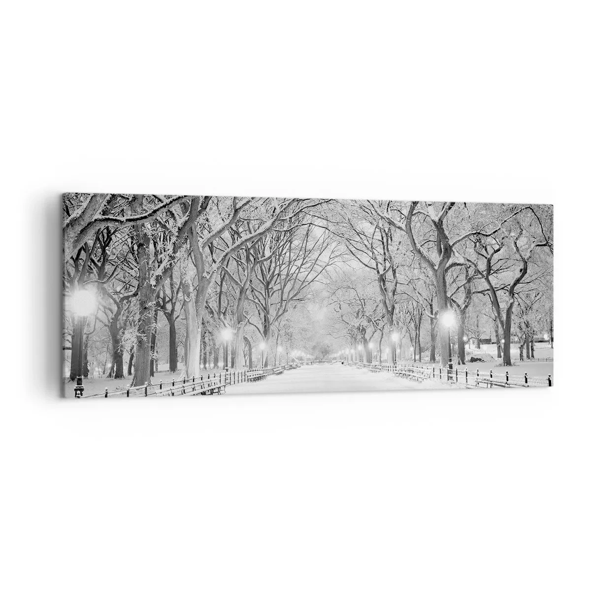 Impression sur toile - Image sur toile - Une allée d'hiver avec des arbres enneigés en monochrome - 140x50cm - Les quatres saisons – l’hiver - Décoration murale moderne pour le salon et la chambre ARTTOR