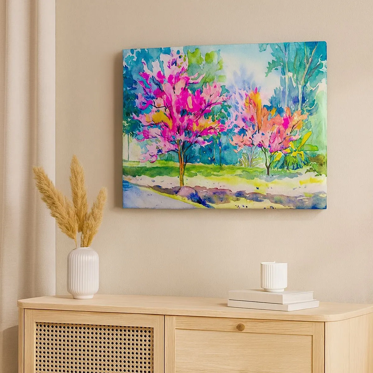 Impression sur toile - Image sur toile - Arbres colorés dans un parc dans un style aquarelle - 70x50cm - Jardin arc-en-ciel à la lumière du printemps - Décoration murale moderne pour le salon et la chambre ARTTOR