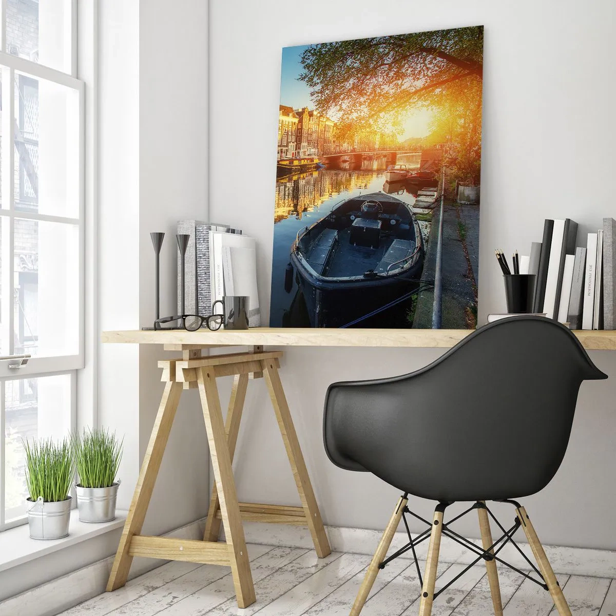 Impression sur verre - Image sur verre - Canal d'Amsterdam au coucher du soleil - 70x100cm - Début de journée à Amsterdam - Décoration murale moderne pour le salon et la chambre ARTTOR