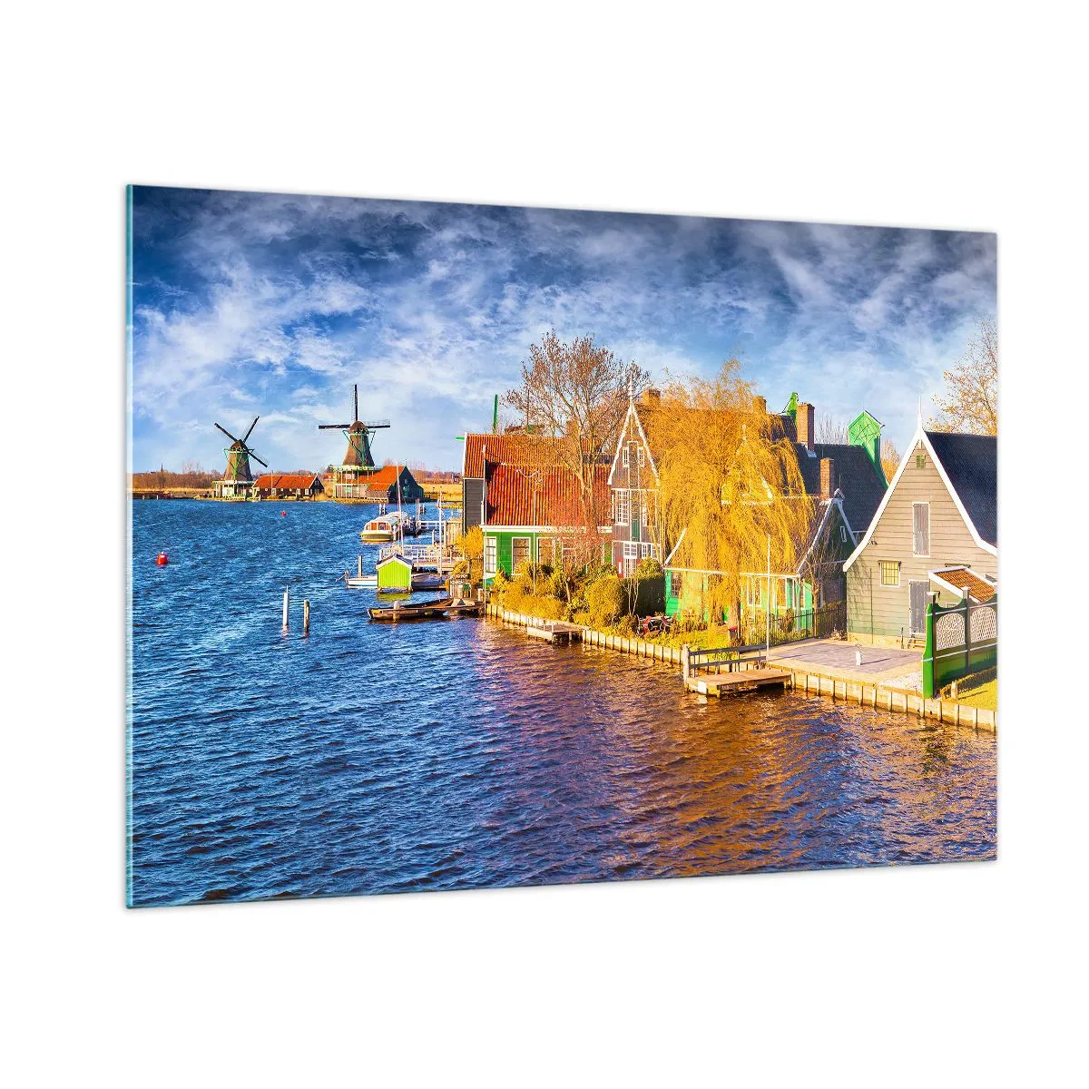 Impression sur verre - Image sur verre - Maisons pittoresques au bord de l'eau aux Pays-Bas avec moulins à vent - 100x70cm - C'est pareil depuis des lustres - Décoration murale moderne pour le salon et la chambre ARTTOR