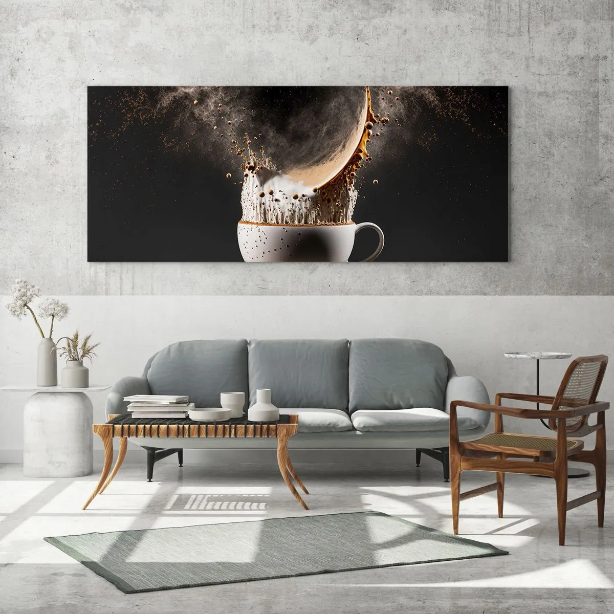 Impression sur verre - Image sur verre - Une tasse de café avec une explosion dynamique de liquide sur fond noir. - 140x50cm - Une explosion de saveur - Décoration murale moderne pour le salon et la chambre ARTTOR