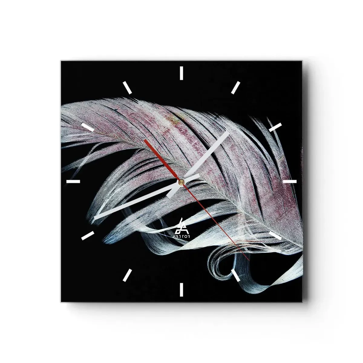 Horloge murale - Pendule murale - Une plume délicate sur fond noir dans une démarche artistique - 30x30cm - Pensez au toucher - Décoration murale moderne pour le salon et la chambre ARTTOR