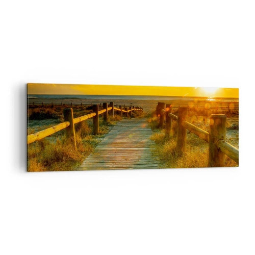 Impression sur toile - Image sur toile - Un chemin en bois menant à la plage à la lueur du soleil couchant - 140x50cm - Baigné dans le vieil or - Décoration murale moderne pour le salon et la chambre ARTTOR