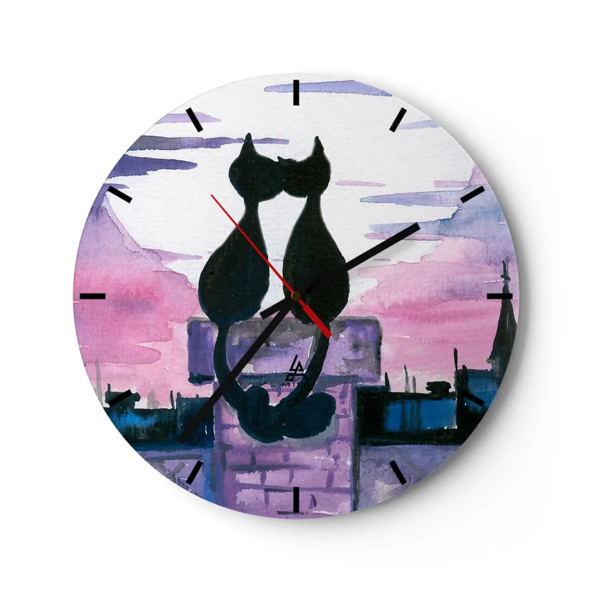 Horloge murale - Pendule murale - Silhouettes de deux chats contre le ciel rose - 30x30cm - Rendez-vous sous la lune - Décoration murale moderne pour le salon, la cuisine et la chambre ARTTOR