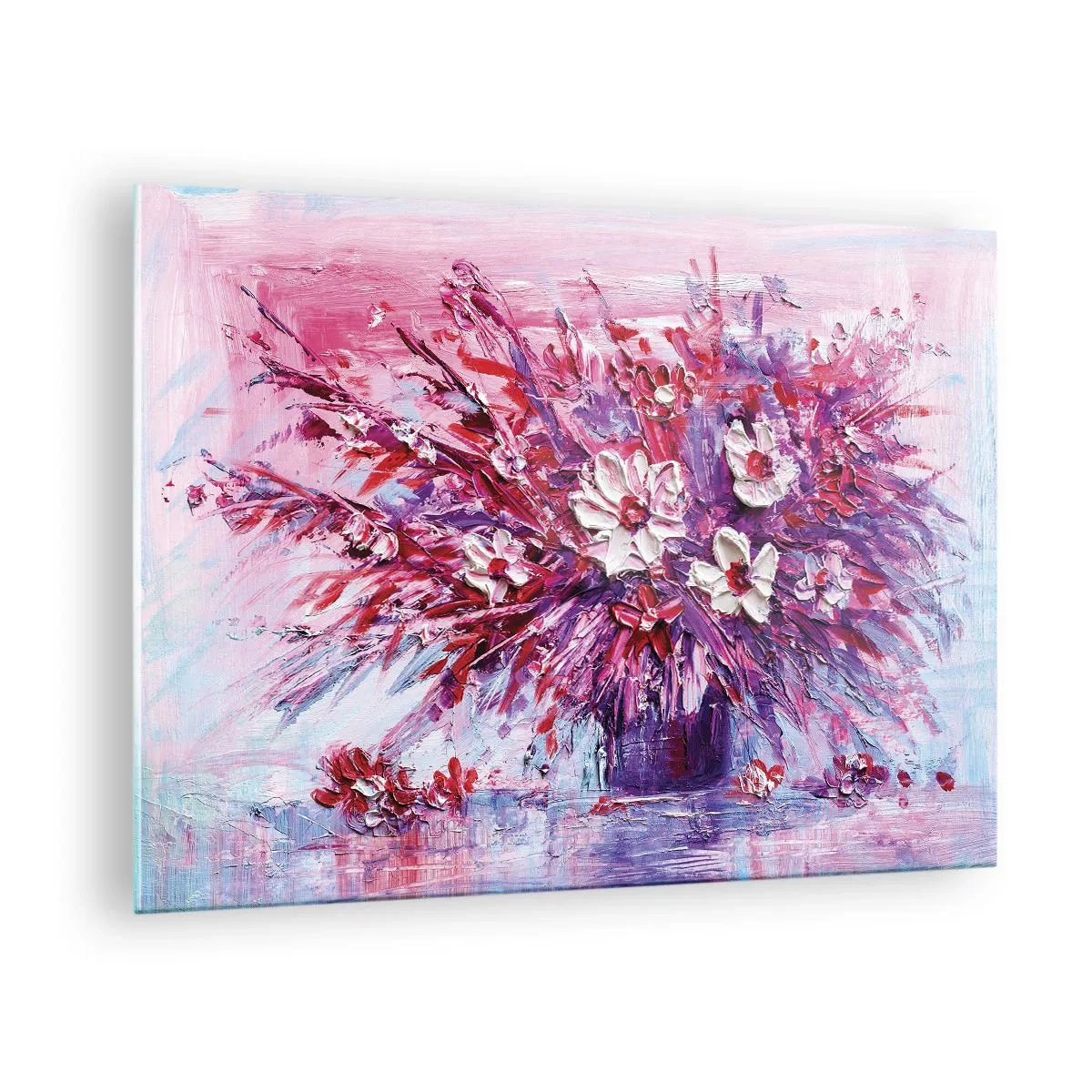 Impression sur verre - Image sur verre - Un bouquet de fleurs dans les tons de rose et de violet - 70x50cm - Innocence et passion - Décoration murale moderne pour le salon et la chambre ARTTOR