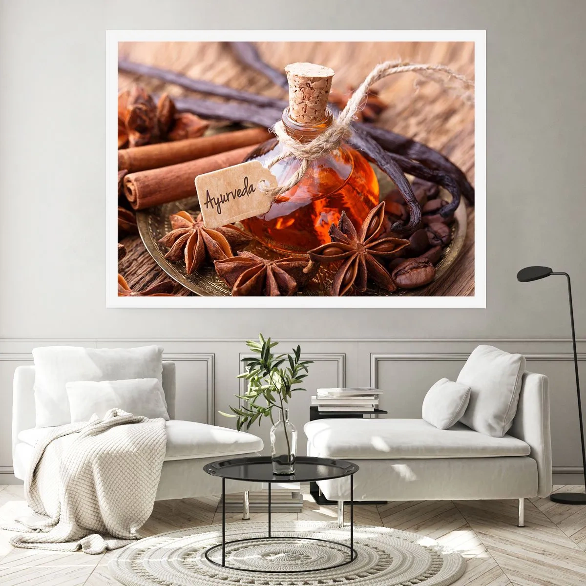 Affiche - Poster - Une bouteille d'huile d'épices sur un plateau - 100x70cm - Vers l'unité du corps et de l'esprit - Décoration murale moderne pour le salon et la chambre ARTTOR