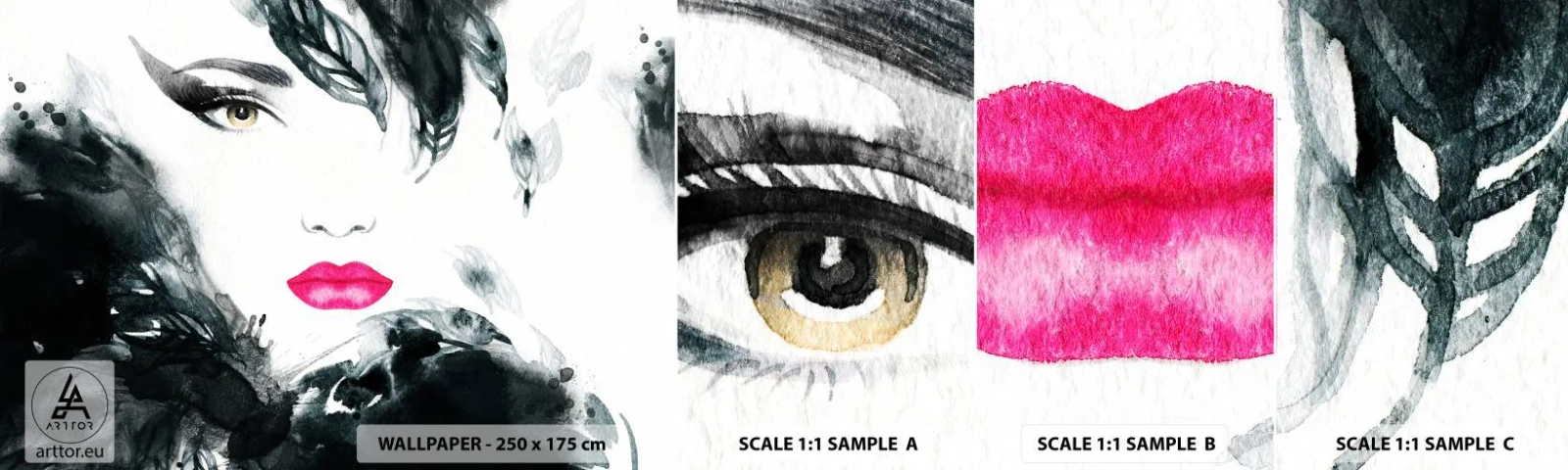 Échantillon de Papier Peint Autocollant Deluxe Sticker - Attention! Femme fatale - Abstraction, Visage de femme, Portrait d'une femme - 100x30 cm