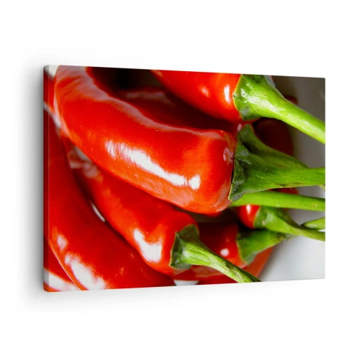 Impression sur toile - Image sur toile - Gros plan de piments rouges avec des tiges vertes - 70x50cm - Juteux, brillant, lisse - Décoration murale moderne pour le salon et la chambre ARTTOR
