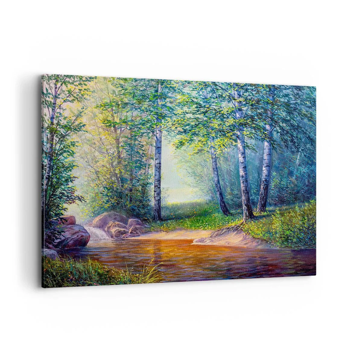 Impression sur toile - Image sur toile - Un ruisseau forestier entouré de bouleaux et de soleil - 120x80cm - Paysage idyllique - Décoration murale moderne pour le salon et la chambre ARTTOR