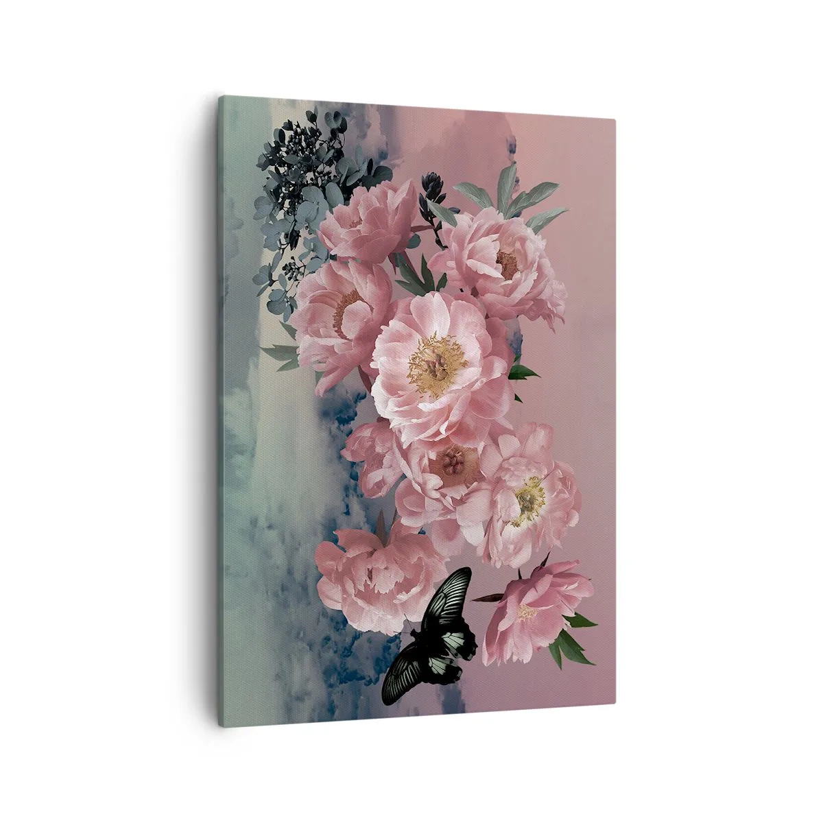 Impression sur toile - Image sur toile - Pivoines roses avec un papillon sur fond pastel - 50x70cm - Pic du romantisme - Décoration murale moderne pour le salon et la chambre ARTTOR