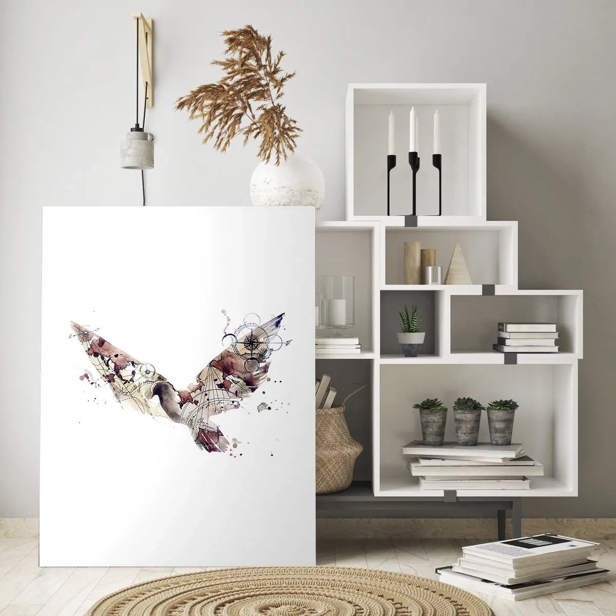 Impression sur verre - Image sur verre - Silhouette d'oiseau artistique avec des motifs géométriques - 70x100cm - Un pèlerin volant - Décoration murale moderne pour le salon et la chambre ARTTOR