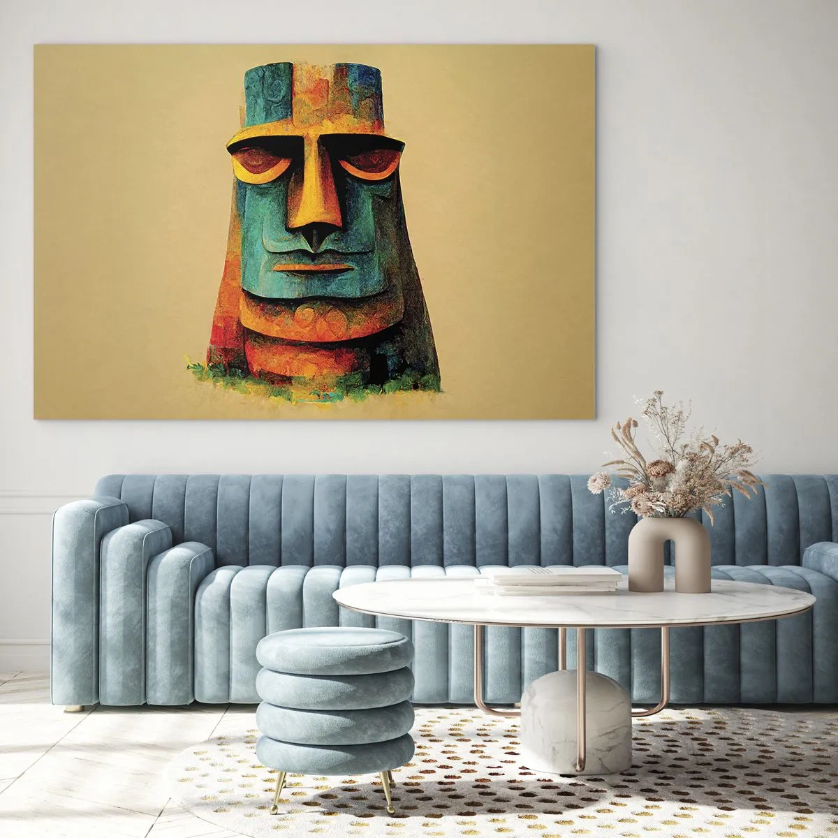 Impression sur verre - Image sur verre - Un portrait coloré inspiré d'une statue de pierre sur fond beige. - 70x50cm - Statuesque et sympathique - Décoration murale moderne pour le salon et la chambre ARTTOR