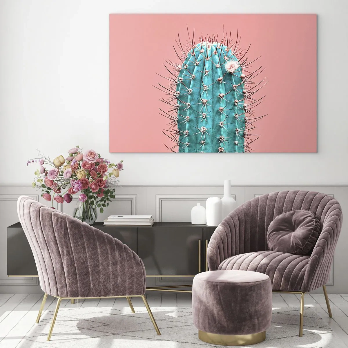 Impression sur verre - Image sur verre - Cactus vert avec des épines sur fond rose - 100x70cm - Juste regarde - Décoration murale moderne pour le salon et la chambre ARTTOR