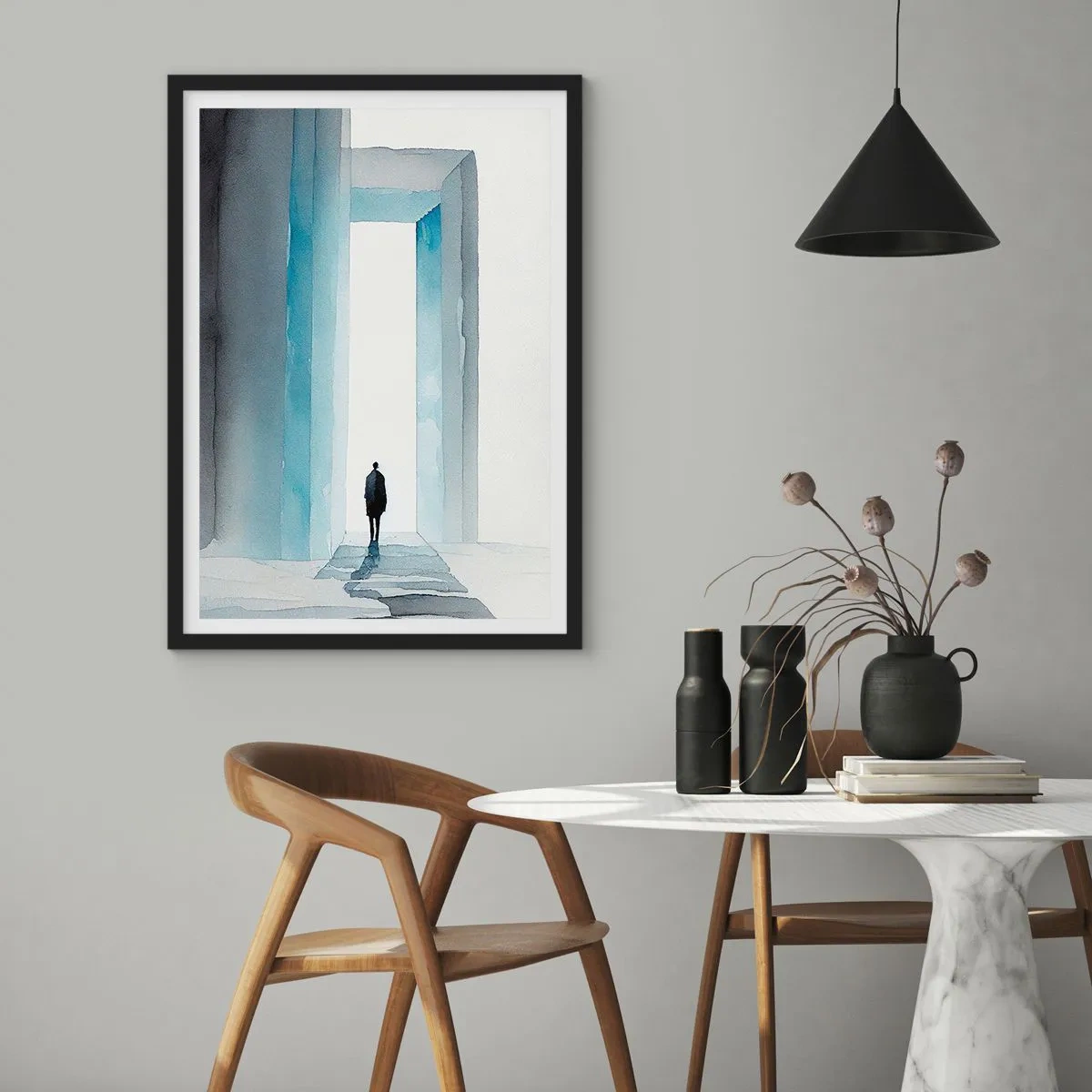 Affiche dans un cadre noir - Poster - Une silhouette traversant une porte bleue, symbolisant la liberté et les possibilités illimitées - 50x70cm - Vivez sans limites - Décoration murale moderne pour le salon et la chambre ARTTOR