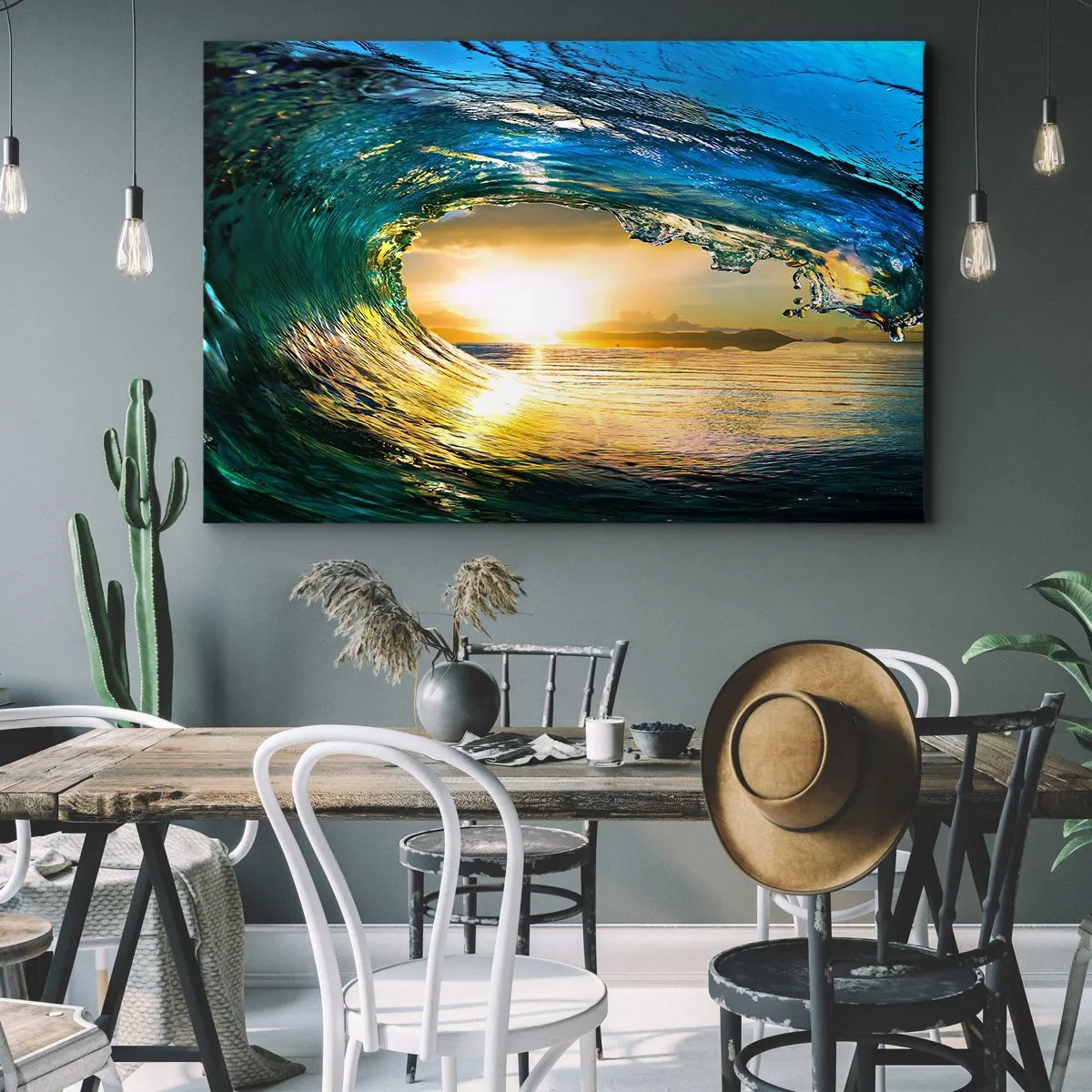 Impression sur toile - Image sur toile - Vague de l'océan au soleil avec vue sur l'horizon - 70x50cm - Dans un éclat émeraude-or - Décoration murale moderne pour le salon et la chambre ARTTOR