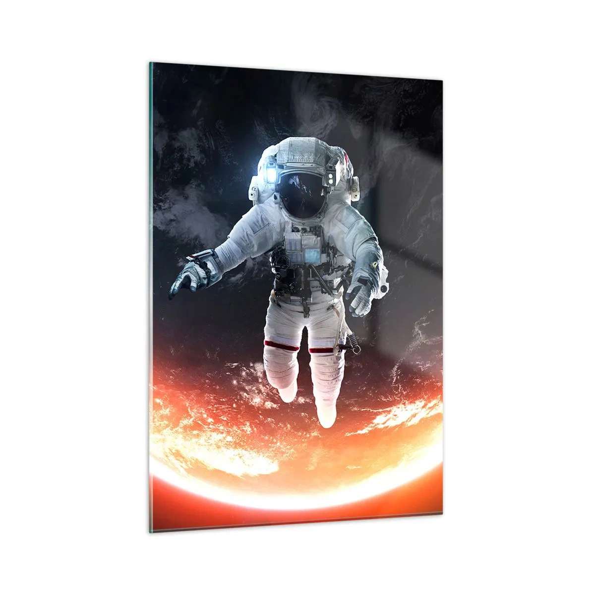 Impression sur verre - Image sur verre - Astronaute dans l'espace avec une planète en arrière-plan - 50x70cm - Puis-je rester un peu plus longtemps ? - Décoration murale moderne pour le salon et la chambre ARTTOR