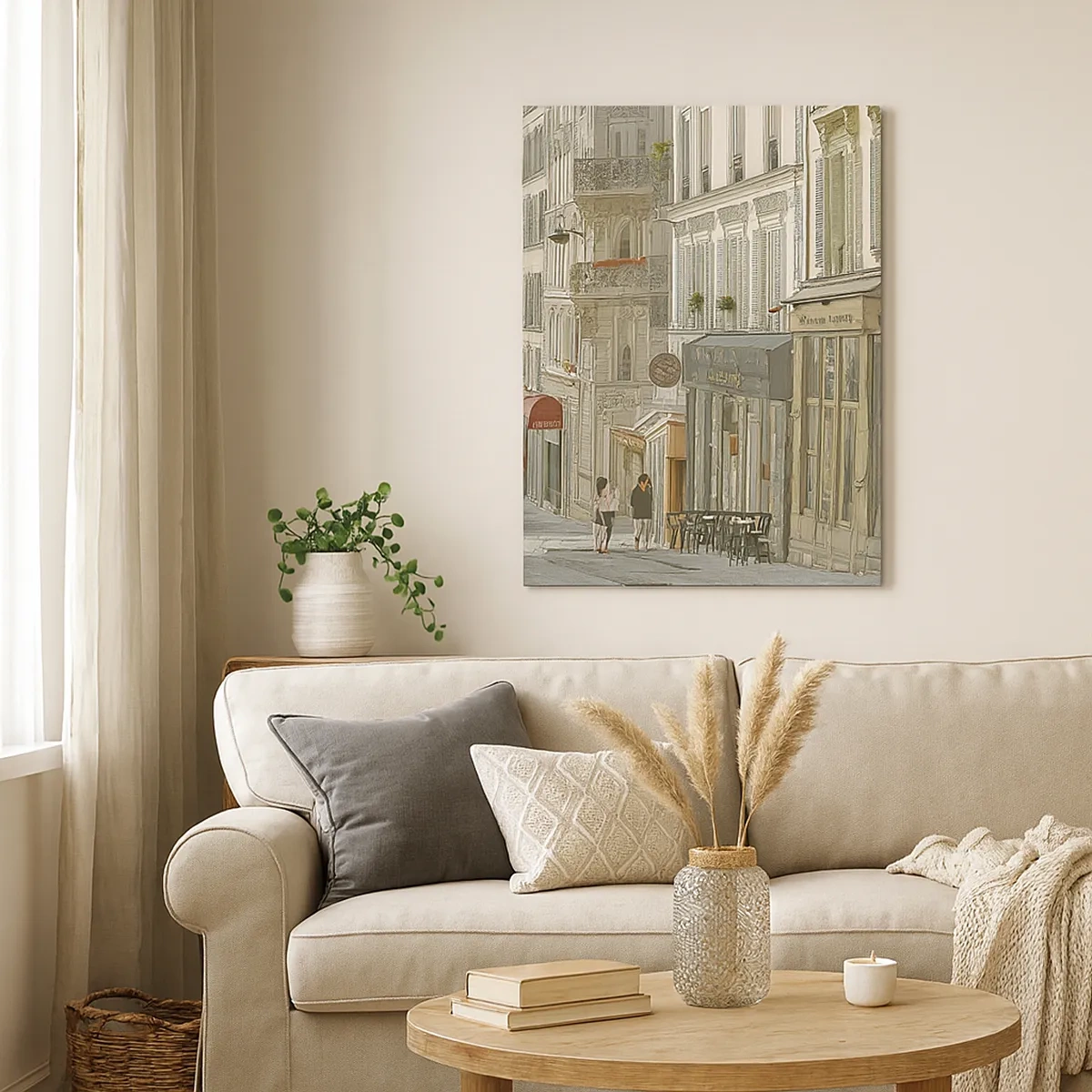 Impression sur toile - Image sur toile - Illustration d'une rue de la ville avec des cafés et des magasins - 50x70cm - Joie de la ville - Décoration murale moderne pour le salon et la chambre ARTTOR