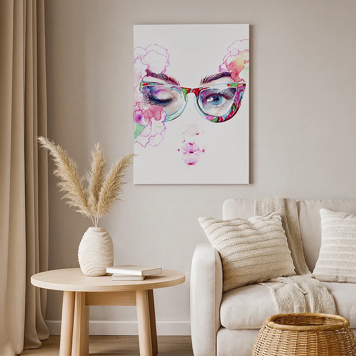 Impression sur toile - Image sur toile - Visage aquarelle avec des lunettes colorées et des fleurs - 50x70cm - Une promesse tentante - Décoration murale moderne pour le salon et la chambre ARTTOR