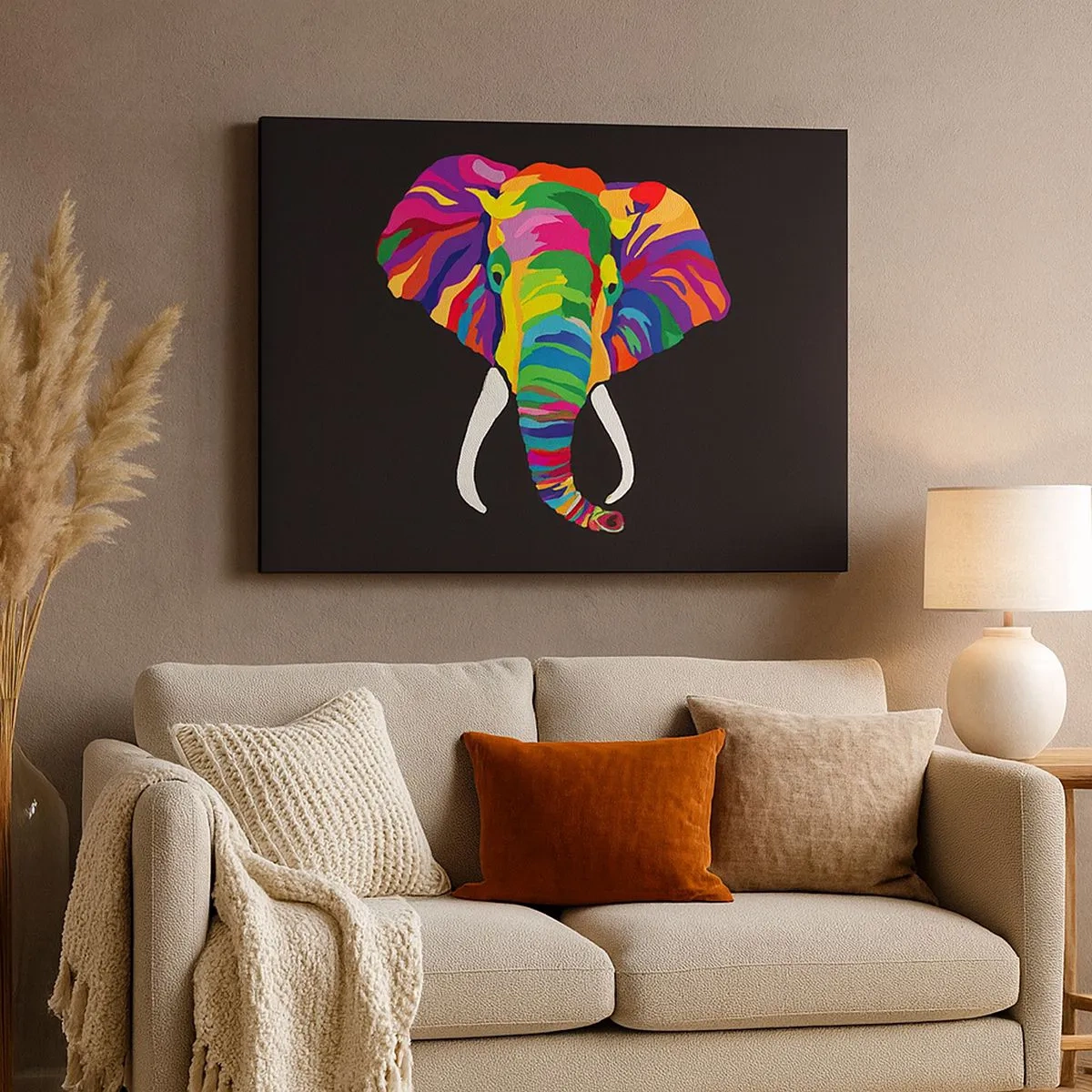 Impression sur toile - Image sur toile - Une image colorée d'un éléphant sur fond noir - 70x50cm - L'éléphant qui aimait se baigner dans un arc-en-ciel - Décoration murale moderne pour le salon et la chambre ARTTOR