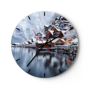 Horloge murale - Pendule murale - Paysage de montagne hivernal avec chalets au bord du lac - 30x30cm - En décoration hivernale - Décoration murale moderne pour le salon, la cuisine et la chambre ARTTOR