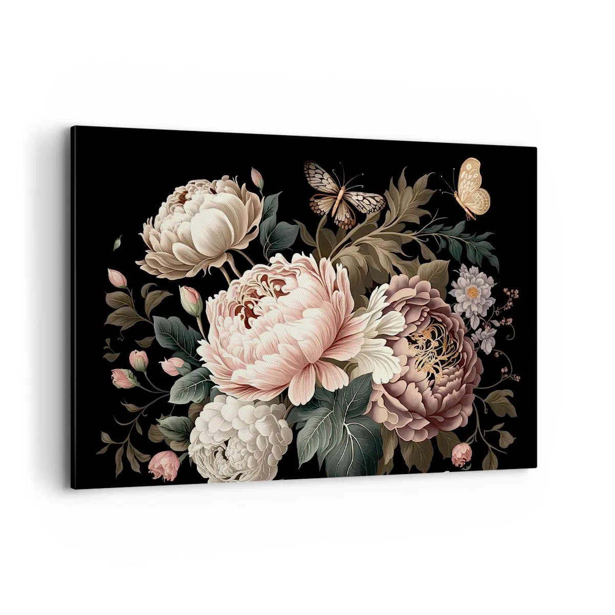 Impression sur toile - Image sur toile - Un bouquet de fleurs roses et de papillons sur fond noir - 120x80cm - De style baroque - Décoration murale moderne pour le salon et la chambre ARTTOR
