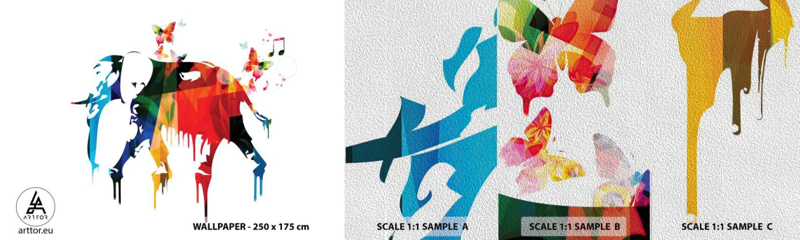 Échantillon de Papier Peint Premium Sand - Tout le monde peut danser - Abstraction, Éléphant, Papillon - 100x30 cm