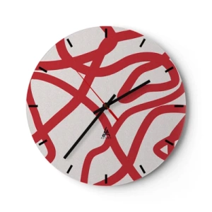Horloge murale - Pendule murale - Lignes rouges abstraites s'enroulant sur un fond blanc dans un arrangement dynamique. - 30x30cm - Rouge sur blanc - Décoration murale moderne pour le salon, la cuisine et la chambre ARTTOR