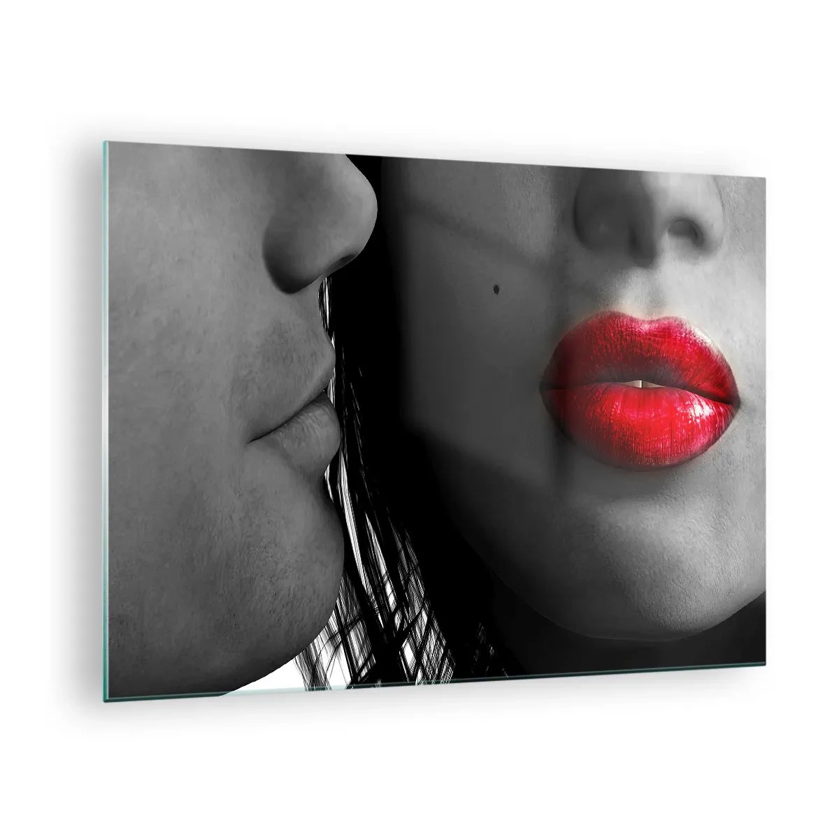 Impression sur verre - Image sur verre - Des lèvres sensuelles dans une photo contrastée - 70x50cm - Face à face - Décoration murale moderne pour le salon et la chambre ARTTOR
