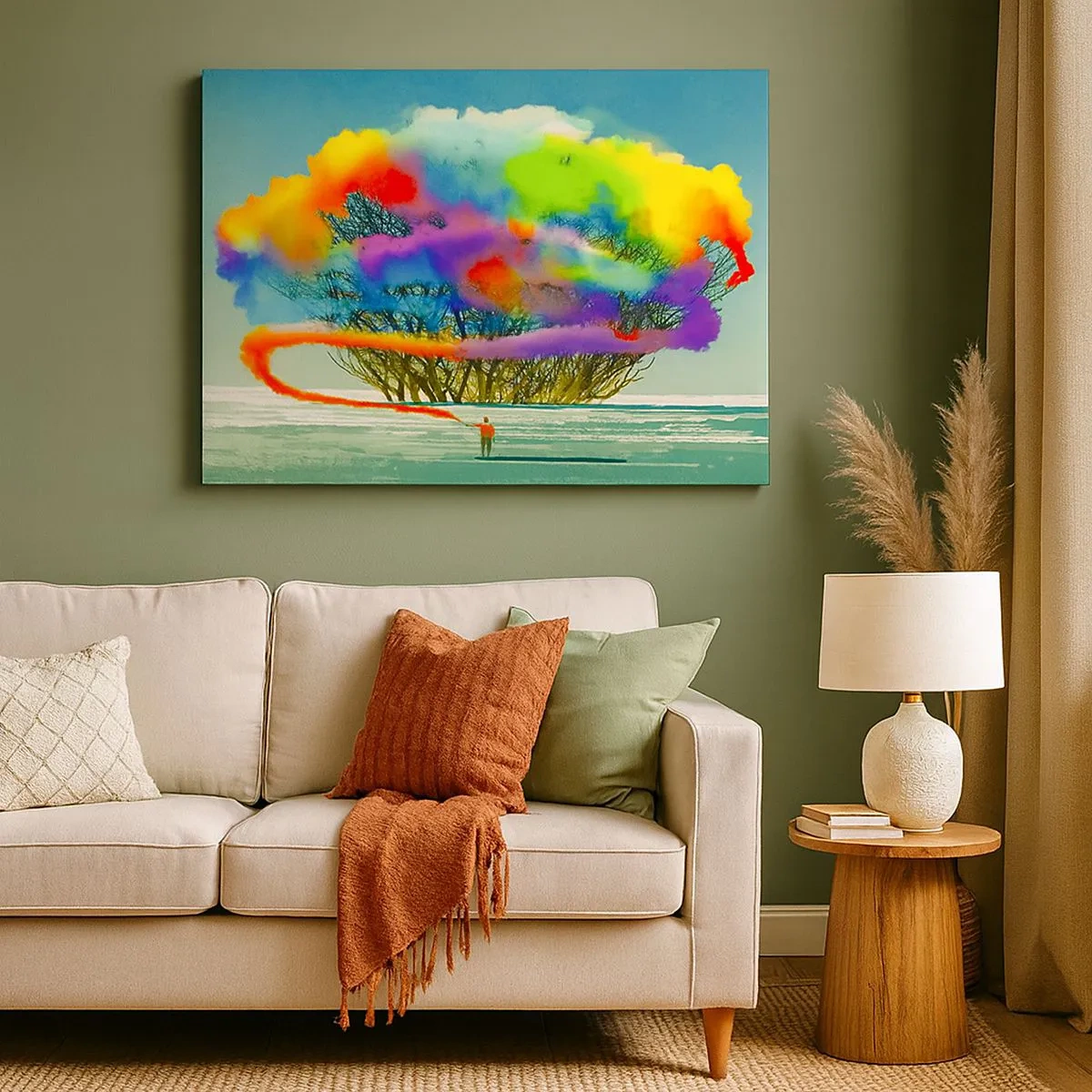 Impression sur toile - Image sur toile - Une silhouette avec de la fumée colorée à l'arrière-plan d'un arbre dans la nature - 70x50cm - Donner vie à ce monde - Décoration murale moderne pour le salon et la chambre ARTTOR