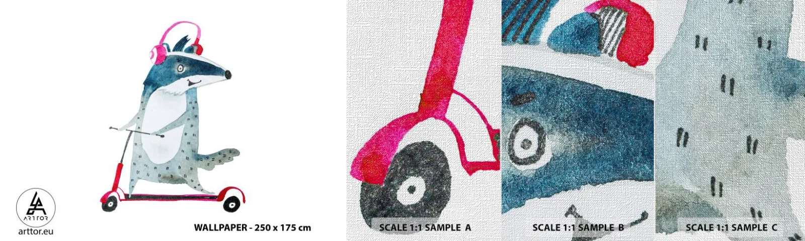 Échantillon de Papier Peint Premium Canvas - La joie du blaireau - Enfants, Scooter, Animal - 100x30 cm