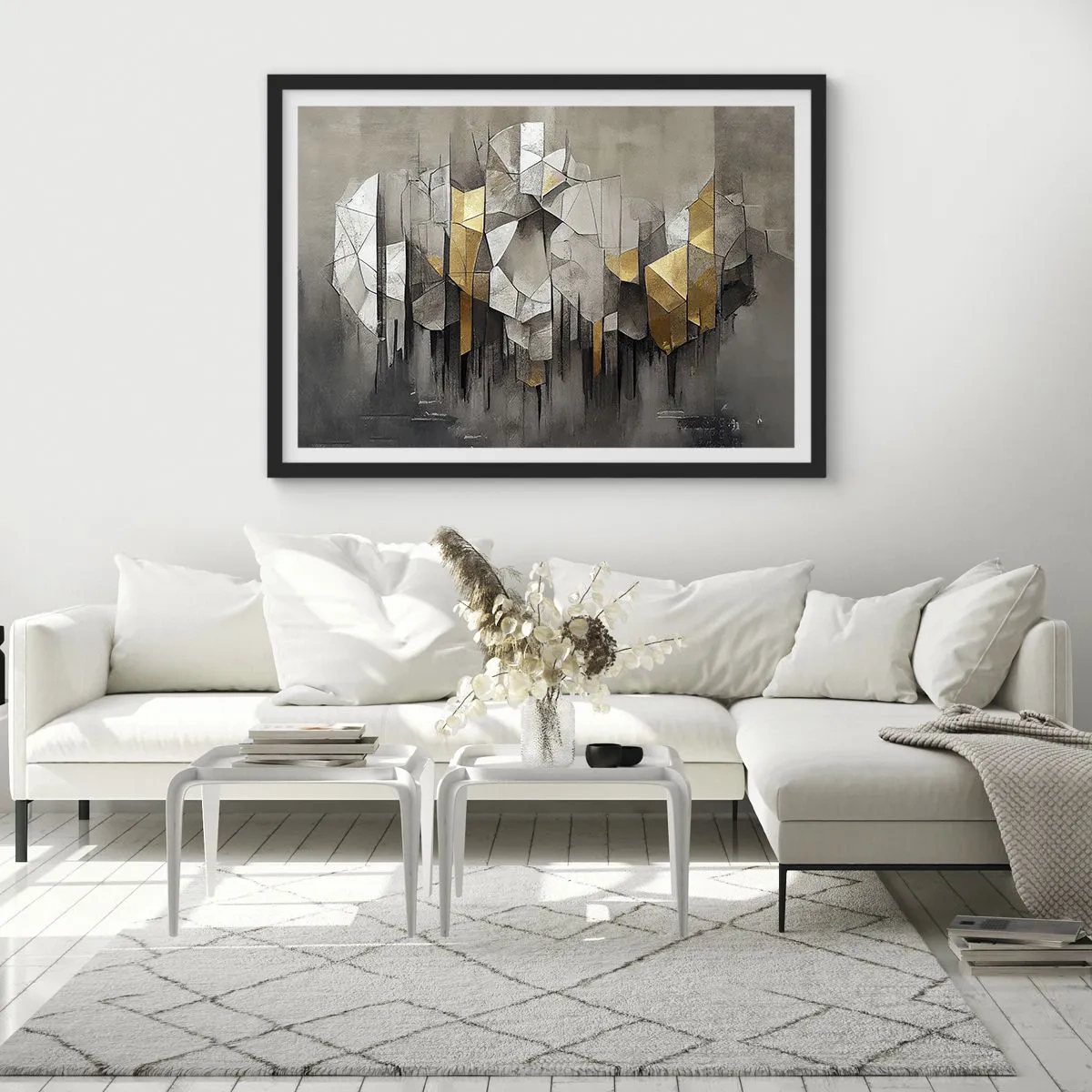 Affiche dans un cadre noir - Poster - Abstraction géométrique dans les tons d'or et de gris - 70x50cm - Composition de glace et de lumière - Décoration murale moderne pour le salon et la chambre ARTTOR