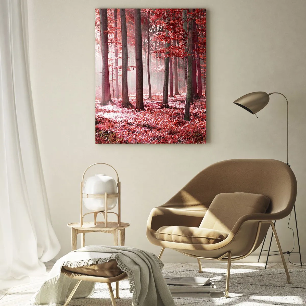 Impression sur verre - Image sur verre - Une forêt époustouflante aux teintes rouges avec des rayons de lumière pénétrant à travers les arbres - 80x120cm - Le rouge est tout aussi beau - Décoration murale moderne pour le salon et la chambre ARTTOR