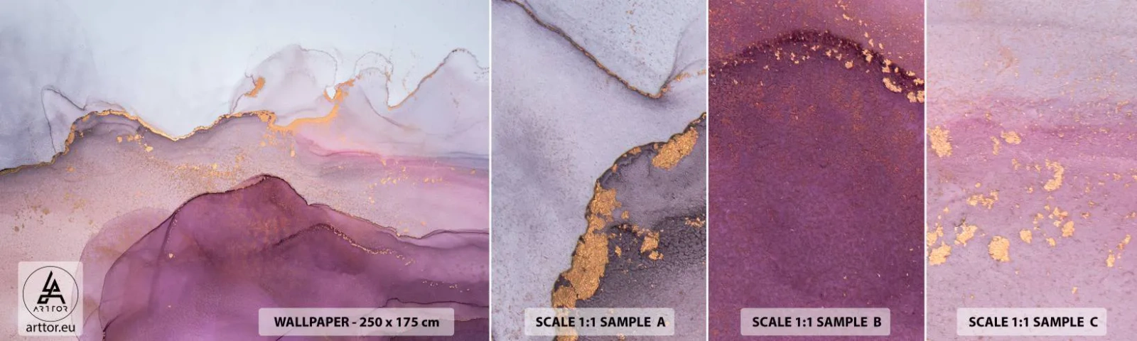 Échantillon de Papier Peint Autocollant Deluxe Sticker - Vagues lilas et violettes - Abstraction, Morceau, Art moderne. - 100x30 cm