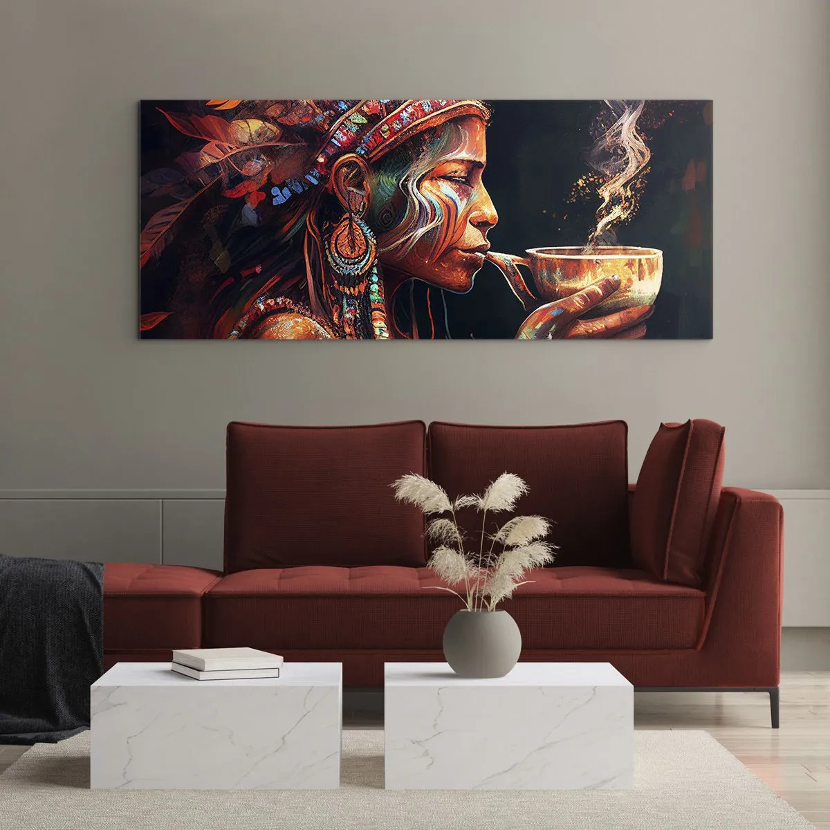 Impression sur verre - Image sur verre - Une figure colorée de style ethnique avec une tasse de boisson fumante - 140x50cm - Rituel magique - Décoration murale moderne pour le salon et la chambre ARTTOR