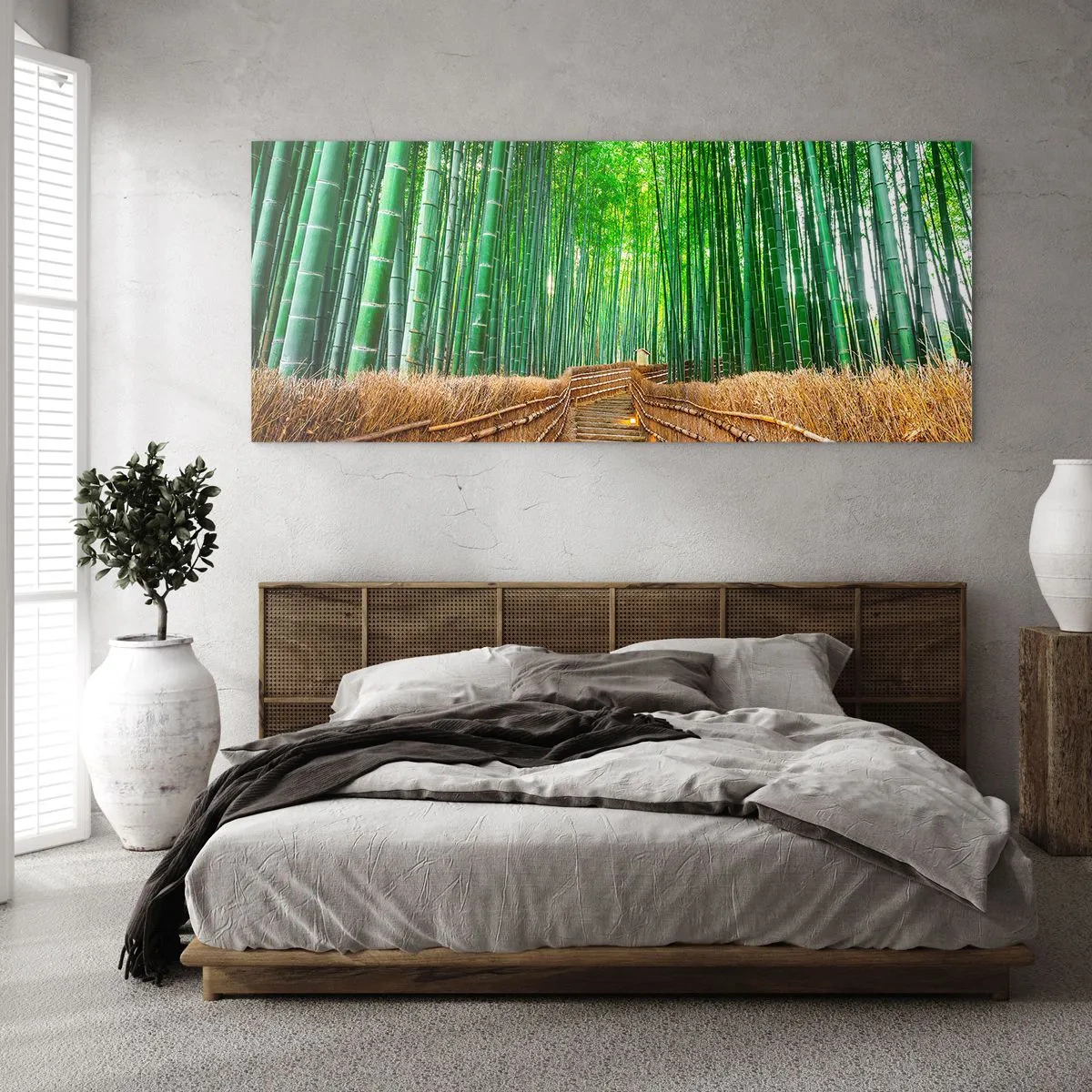 Impression sur verre - Image sur verre - Un chemin dans une dense forêt de bambous - 120x50cm - L'essence de la nature asiatique - Décoration murale moderne pour le salon et la chambre ARTTOR
