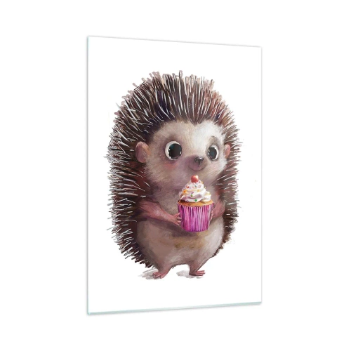 Impression sur verre - Image sur verre - Un hérisson mignon avec un cupcake sur fond blanc - 50x70cm - La fête c'est tous les jours - Décoration murale moderne pour le salon et la chambre ARTTOR