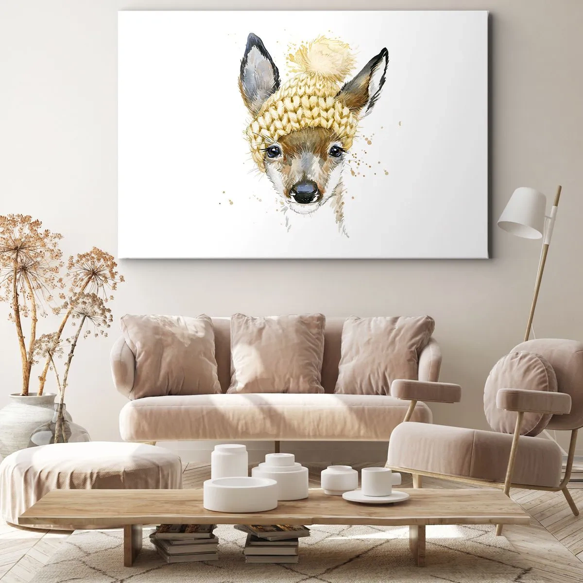 Impression sur toile - Image sur toile - Cerf aquarelle avec une casquette jaune - 70x50cm - Pour l'hiver dans la forêt enneigée - Décoration murale moderne pour le salon et la chambre ARTTOR