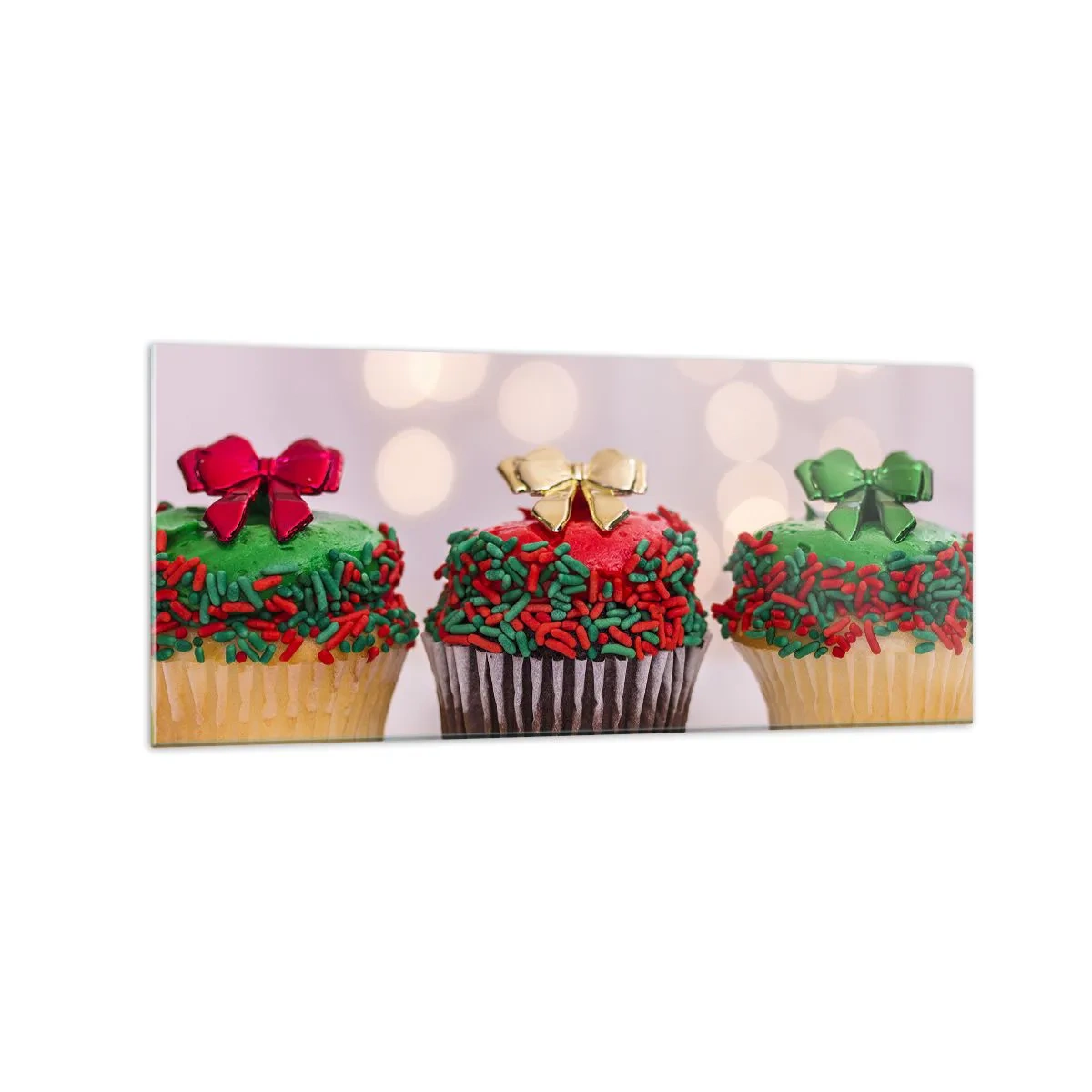Impression sur verre - Image sur verre - Cupcakes de Noël avec des paillettes et des nœuds colorés - 120x50cm - Une sucrerie après la cocarde - Décoration murale moderne pour le salon et la chambre ARTTOR