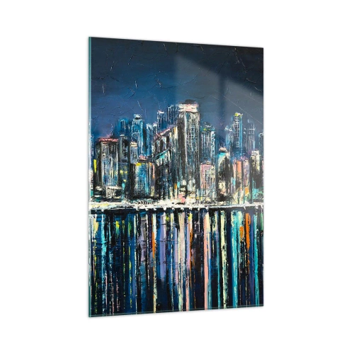 Impression sur verre - Image sur verre - Panorama de la ville la nuit avec les lumières se reflétant dans l'eau - 50x70cm - Cascade de lumières - Décoration murale moderne pour le salon et la chambre ARTTOR