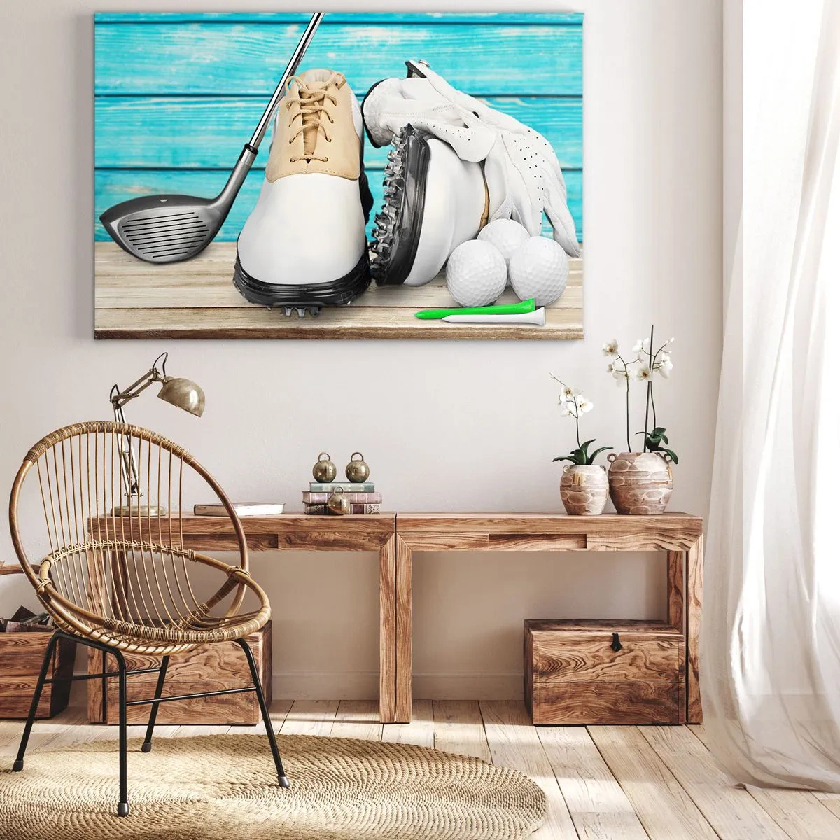 Impression sur toile - Image sur toile - Un ensemble d'accessoires de golf sur un fond en bois - 120x80cm - Tout est prêt - Décoration murale moderne pour le salon et la chambre ARTTOR