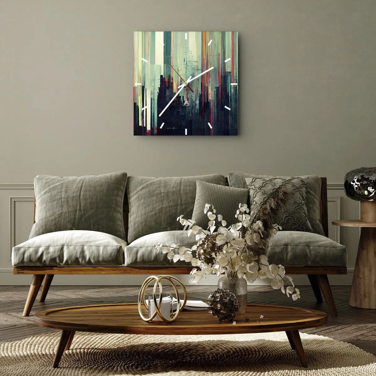 Horloge murale - Pendule murale - Abstraction avec des lignes verticales et un horizon urbain - 30x30cm - Ville futuriste - Décoration murale moderne pour le salon et la chambre ARTTOR