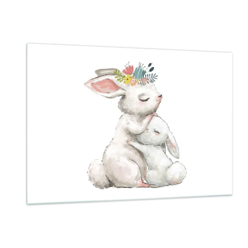 Impression sur verre - Image sur verre - Deux lapins câlins aux couleurs pastel - 120x80cm - Maman irremplaçable - Décoration murale moderne pour le salon et la chambre ARTTOR