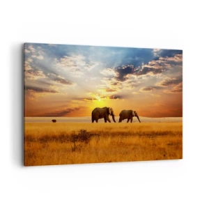 Impression sur toile - Image sur toile - Éléphants dans la savane au coucher du soleil - 100x70cm - Déambulation familliale - Décoration murale moderne pour le salon et la chambre ARTTOR