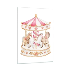 Impression sur verre - Image sur verre - Un carrousel rose avec des chevaux de style enfantin sur fond blanc - 50x70cm - Le doux monde de l'enfance - Décoration murale moderne pour le salon et la chambre ARTTOR