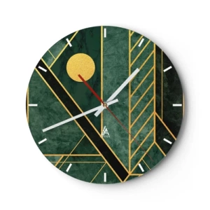 Horloge murale - Pendule murale - Fond vert avec des lignes géométriques dorées et un cercle doré - 30x30cm - Dynamique or et azur - Décoration murale moderne pour le salon, la cuisine et la chambre ARTTOR